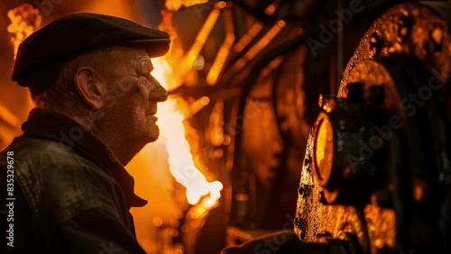 The satisfaction and pride on the stokers face as he sees the flames grow brighter and the furnace roar louder with every shovel of coal. photo