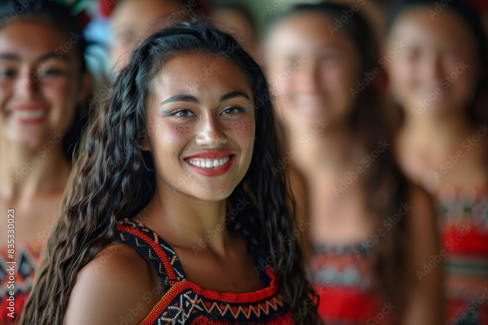 Fototapeta premium Long-haired girl from a group of Maori dancers smiles