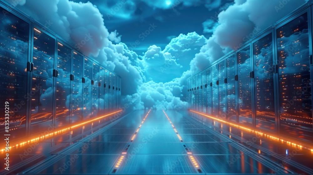 Cloud data center with clouds inside server room Cloud data center with clouds inside server room
