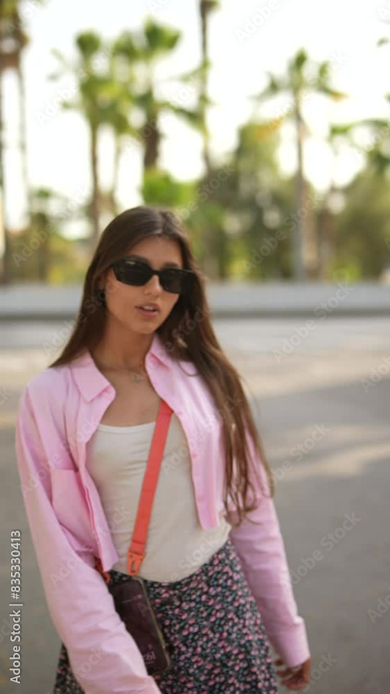 Stylish woman exudes confidence in chic outfit outdoors, radiating trendy and modern vibe Stylish woman exudes confidence in chic outfit outdoors, radiating trendy and modern vibe