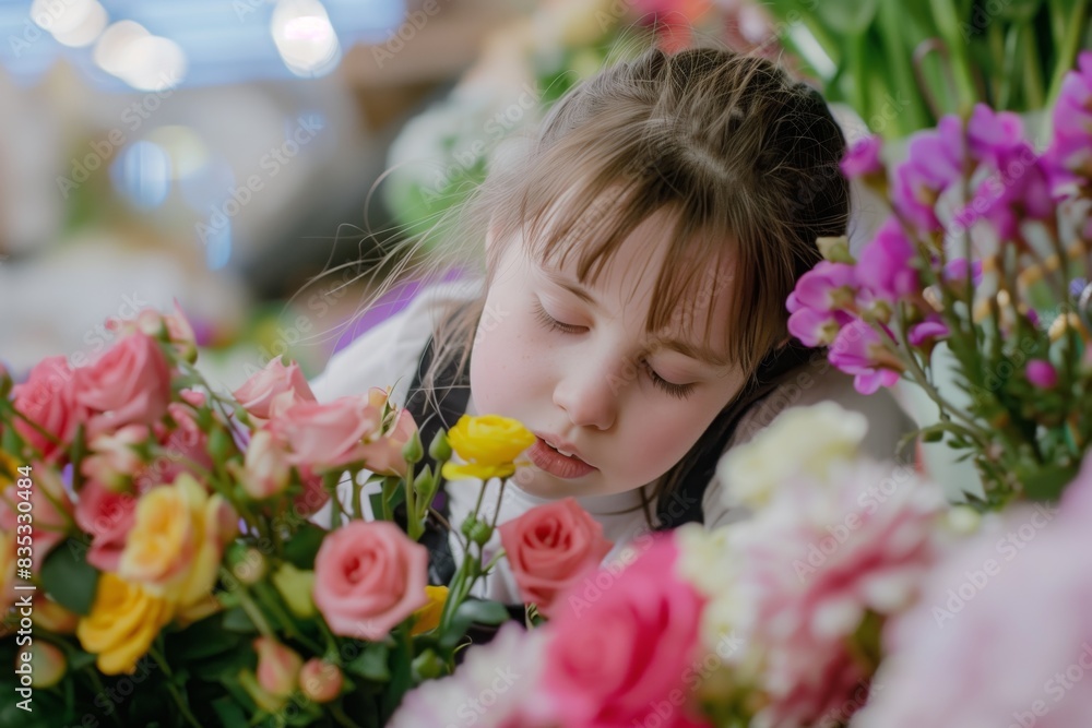 Fototapeta premium European or american young girl with down syndrome in flower shop