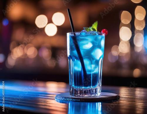 A drink on the counter of a nightclub with neon blue lights. Cool cocktail with ice, background bright blurred lights, bokeh effect.