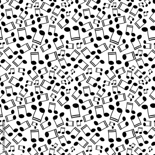 Beam music notes floating over white background. Seamless pattern in black and white for use in fabric or graphic design or printing on various surfaces.