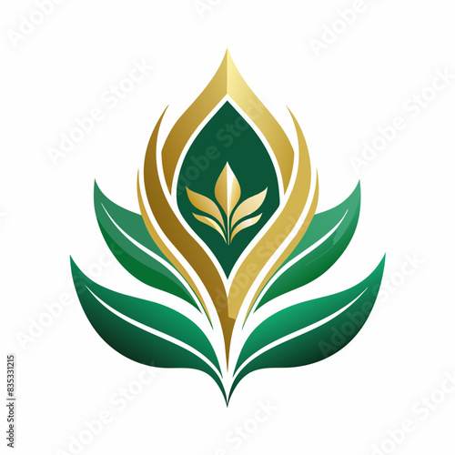 a logo that represents the elegance and sophistication of fashion  inspired by a stylized emerald green leaf that spreads gracefully. Add touches of soft gold to enhance its beauty  white background