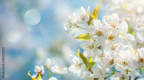 abstract Blossom tree, spring nature beautiful  background, blooming flower concept, Spring flowers with sun, White cherry flowers isolated on blur sky background, 3d illustration  © Bahishat