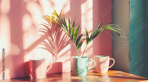 There are three cups and a plant placed on a table in front of a pink wall