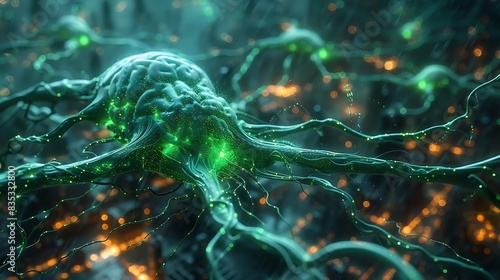 A cybernetic vision of electrical pulses in a digital brain, with glowing green and blue synapses, interwoven with mechanical components, set against a dark, industrial background. photo
