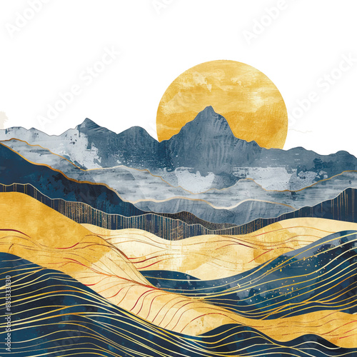 Japanese style luxury mountains background. Minimalist landscape art with watercolor brushes and golden line art texture. Abstract art wallpaper for prints, Art Decoration, wall Arts and Canvas print