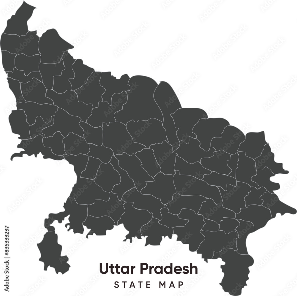 Fototapeta premium High Quality administrative and political map of the State Uttar Pradesh in North India, black colour with border stroke in grey for districts and divisions. Border with Uttarakhand