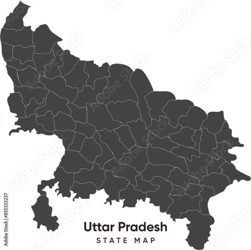 High Quality administrative and political map of the State Uttar Pradesh in North India, black colour with border stroke in grey for districts and divisions.
Border with Uttarakhand