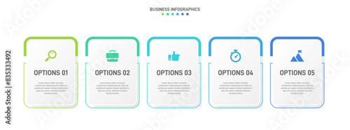 Horizontal progress bar featuring 5 arrow-shaped elements, symbolizing the five stages of business strategy and progression. Clean timeline infographic design template. Vector for presentation