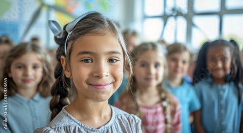 Smiling Young Girl in Yellow Shirt With Friends at School