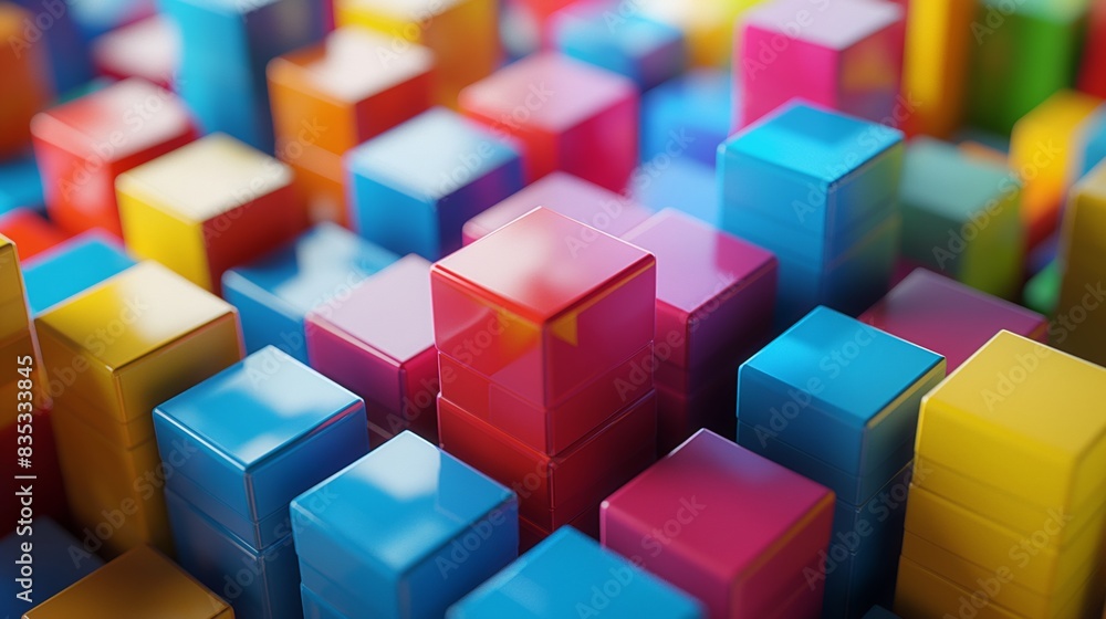 Obraz premium Close-up view of colorful 3D pixel blocks forming a vibrant, abstract cityscape in a digital environment