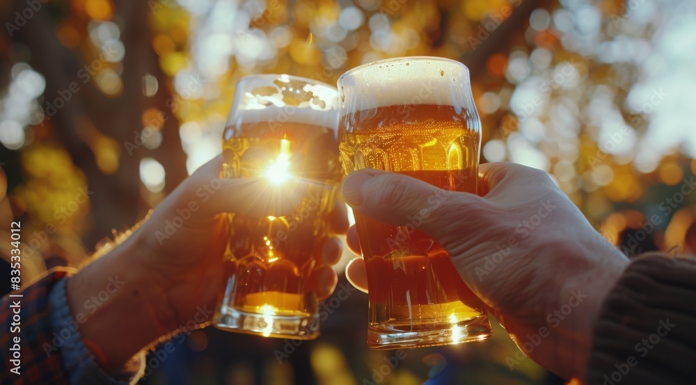 Two People Toasting Beer Glasses in Outdoor Setting During Golden Hour Two People Toasting Beer Glasses in Outdoor Setting During Golden Hour