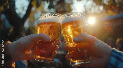 Two People Toasting Beer Glasses in Outdoor Setting During Golden Hour