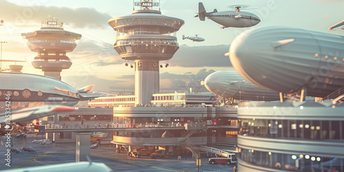 Skyport Terminal: A bustling terminal for airships and flying vehicles, with docking platforms, air traffic control towers, and passengers boarding and disembarking photo