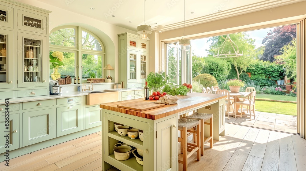Fototapeta premium A bright and airy country kitchen with pastel-colored cabinets, a large wooden island with seating, and floor-to-ceiling windows offering a view of a lush garden.