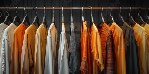 Wallpaper Mural Minimalist clothes rack displaying vibrant shirts with intricate details in balance. Concept Minimalist Design, Vibrant Shirts, Intricate Details, Clothes Rack Display, Balance Torontodigital.ca