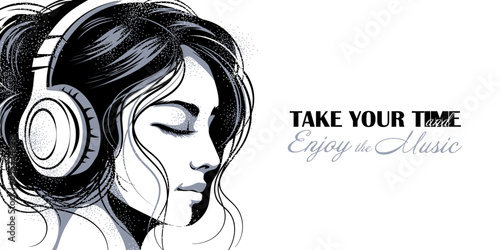 Beautiful girl with a casual hairstyle and closed eyes enjoys music on headphones and smiles. Seclusion, escapism, meditation. Vector monochrome poster