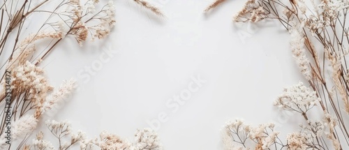 Flatlay boho floral template Wreath frame with dried grass stems on a white background with copy space © Adi
