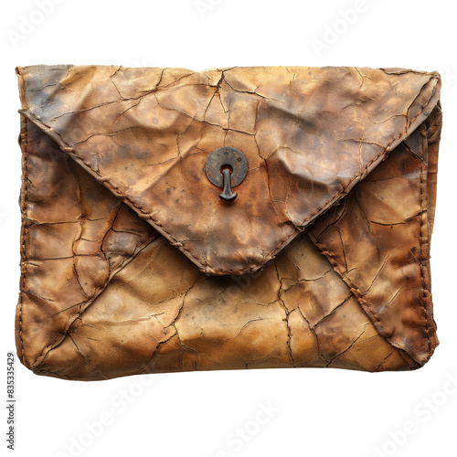 A worn and weathered leather envelope with a metal clasp.  The envelope is cracked and faded, suggesting age and use. isolated on White background. photo