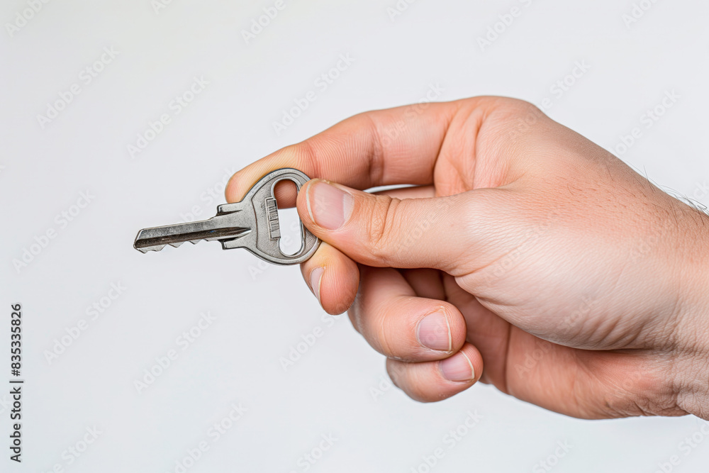 Close-up image of a male hand presenting a silver house key against a white backdrop, symbolizing concepts of home ownership, security, and access with clear focus and minimalistic design Close-up image of a male hand presenting a silver house key against a white backdrop, symbolizing concepts of home ownership, security, and access with clear focus and minimalistic design