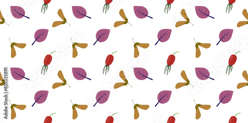 Seamless pattern with rosehip berries, maple seeds, leaves on white background. Autumn pattern. For background, fabric, cover design. Vector design 