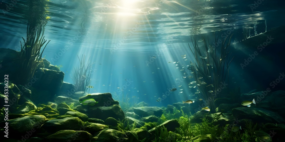Obraz premium Underwater Fantasy: Algae Plants and Light Rays in Abstract Style. Concept Underwater Fantasy, Algae Plants, Light Rays, Abstract Style, Aquatic Beauty