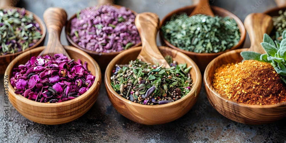 Ayurvedic Men's Health Balance: Herbs Stored in Wooden Bowls and Spoons. Concept Ayurveda, Men's Health, Herbal Remedies, Wooden Bowls, Healing Spoons Ayurvedic Men's Health Balance: Herbs Stored in Wooden Bowls and Spoons. Concept Ayurveda, Men's Health, Herbal Remedies, Wooden Bowls, Healing Spoons