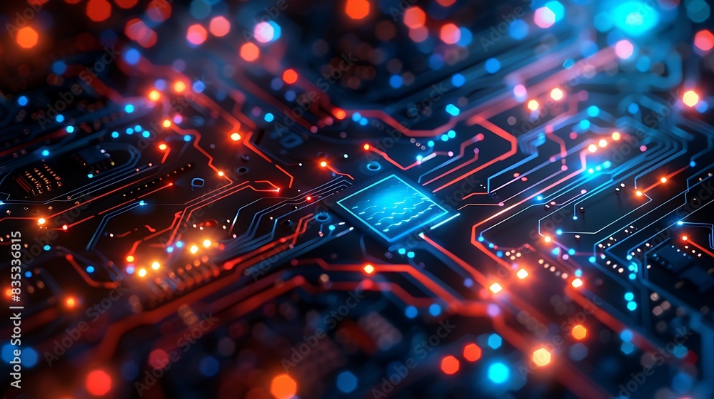 A digital illustration of abstract silicon chip pathways with pulsating electronic signals, glowing in neon blue against a dark, circuitry-lined background. A digital illustration of abstract silicon chip pathways with pulsating electronic signals, glowing in neon blue against a dark, circuitry-lined background.
