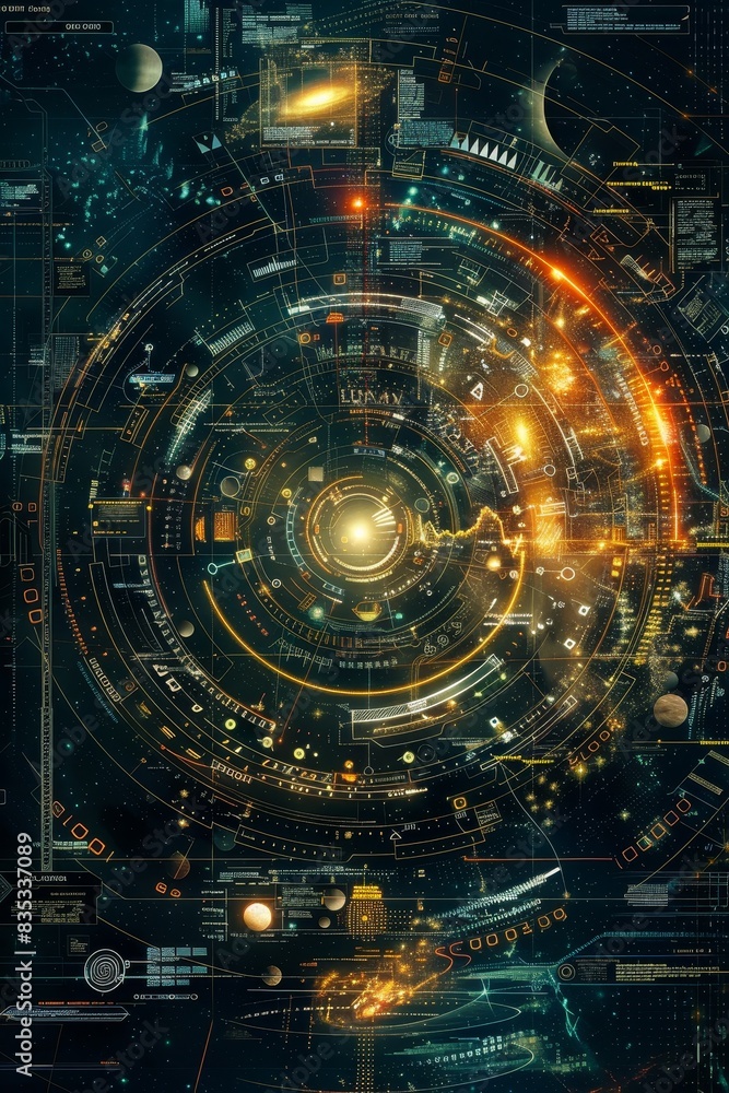 Modern Technology Concept: Deep Space Surveillance System, featuring satellite interfaces and cosmic data visualization Modern Technology Concept: Deep Space Surveillance System, featuring satellite interfaces and cosmic data visualization