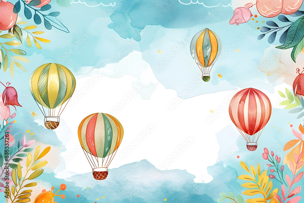 Cute cartoon hot air balloon frame border on background in watercolor style. Cute cartoon hot air balloon frame border on background in watercolor style.