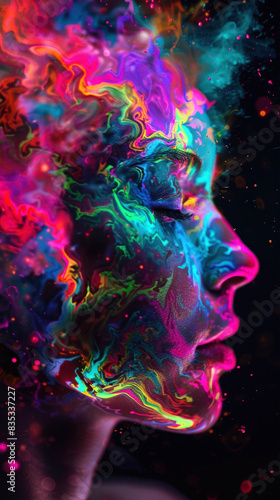 creative portrait, woman, noir, brain, abstract fluids, neon color, paint, black background