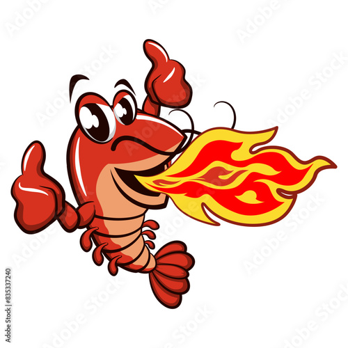 cute shrimp vector character mascot illustration spitting out spicy fire while giving a thumbs up, work of hand drawn