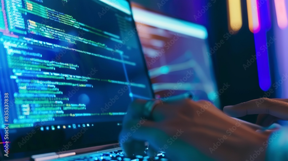 Developer debugging software on a laptop, close-up on the screen with code editor and error logs visible. Developer debugging software on a laptop, close-up on the screen with code editor and error logs visible.