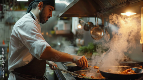 A chef is cooking in the kitchen