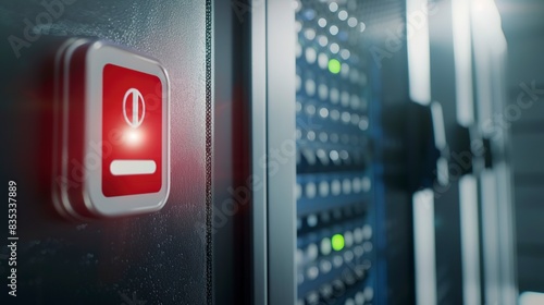 Close-up of an emergency power off button in a server room, safety and quick response feature highlighted.