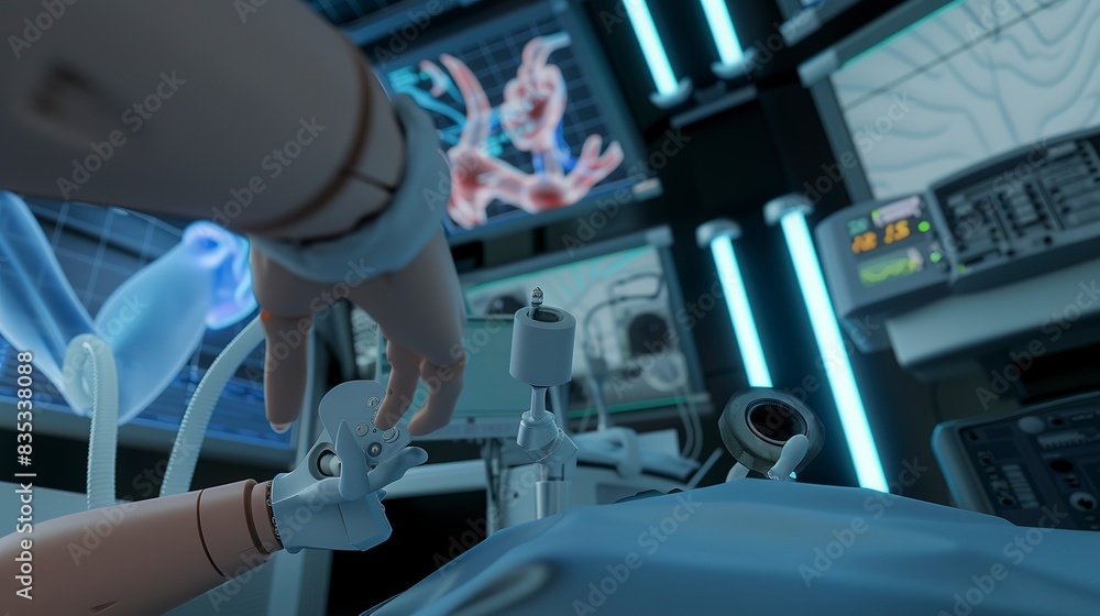 Close-up of a robotic surgery simulation in progress, detailed controls and virtual patient anatomy visible. Close-up of a robotic surgery simulation in progress, detailed controls and virtual patient anatomy visible.