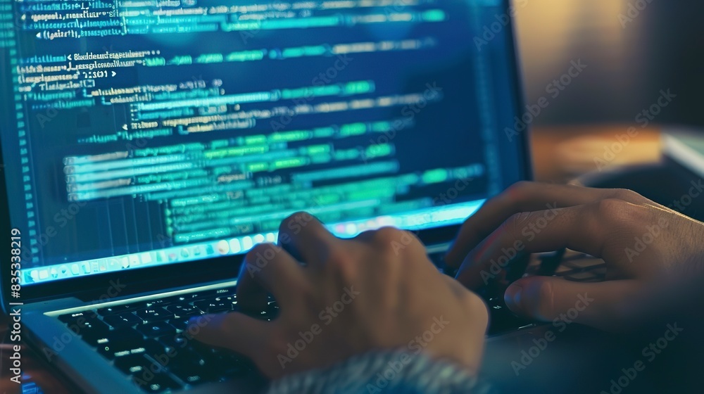 Fintech developer coding a new banking software, close-up on laptop screen with lines of code and financial APIs. Fintech developer coding a new banking software, close-up on laptop screen with lines of code and financial APIs.