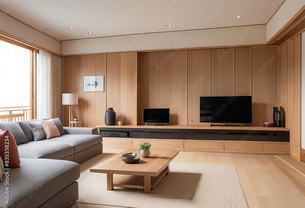 living room in a modern minimalist style with a sofa, and a TV wall made of oak and Japanese style, living room in a modern minimalist style with a sofa, and a TV wall made of oak and Japanese style,
