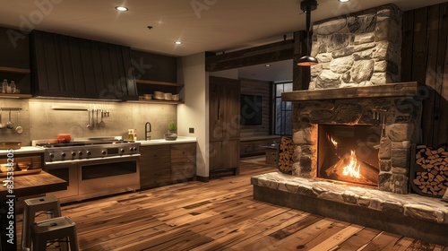 A cozy country kitchen with a blend of modern and rustic elements  featuring a stone fireplace  distressed wooden floors  and sleek  minimalist lighting fixtures.