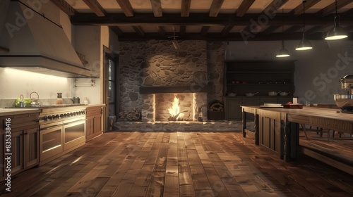 A cozy country kitchen with a blend of modern and rustic elements  featuring a stone fireplace  distressed wooden floors  and sleek  minimalist lighting fixtures.