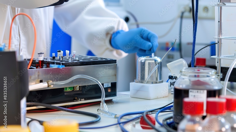 Researcher testing a new battery technology in a lab, close-up on the prototype and measurement instruments. Researcher testing a new battery technology in a lab, close-up on the prototype and measurement instruments.