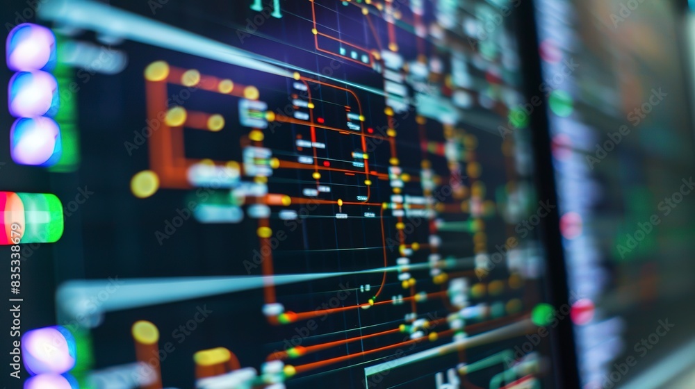 Detailed view of a smart grid control room monitor, close-up, energy flow and consumption patterns displayed. Detailed view of a smart grid control room monitor, close-up, energy flow and consumption patterns displayed.