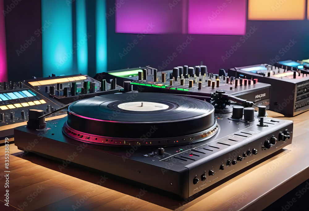 player mixer in high resolution. mixer in music studio with soft ambient lighting, DJ console, player mixer in high resolution. mixer in music studio with soft ambient lighting, DJ console,