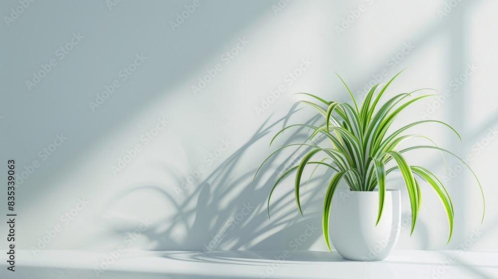Indoor Houseplant of a Spider Plant in Pot with Space on White Wall Background Indoor Houseplant of a Spider Plant in Pot with Space on White Wall Background