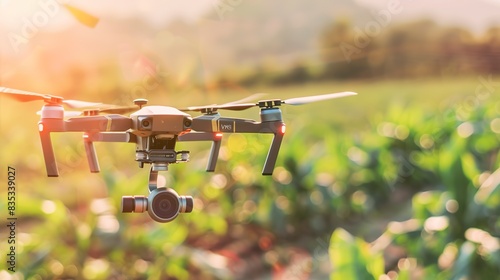 Precision agriculture drone hovering over crops, close-up on spinning propellers, bright daylight
