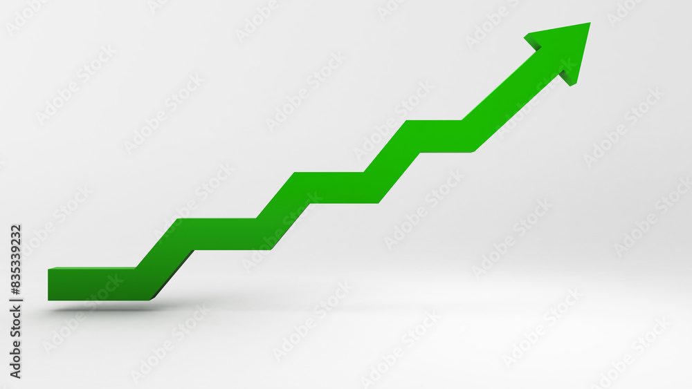 Green arrow showing upward business earnings on white background,3d rendering Green arrow showing upward business earnings on white background,3d rendering