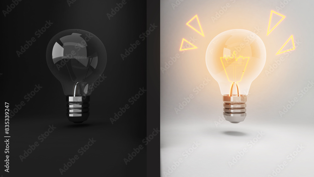 Open versus closed bulbs ,The notion of beginning and ending original concepts,3D rendering Open versus closed bulbs ,The notion of beginning and ending original concepts,3D rendering