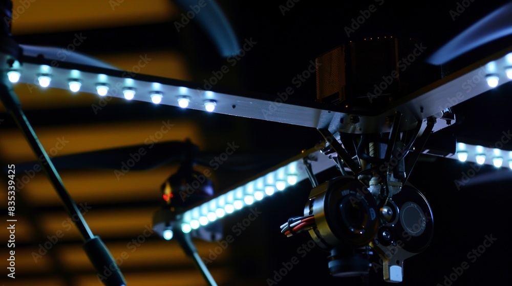 Fototapeta premium Drone rotor with LED lights, close-up at night, lights glowing brightly 
